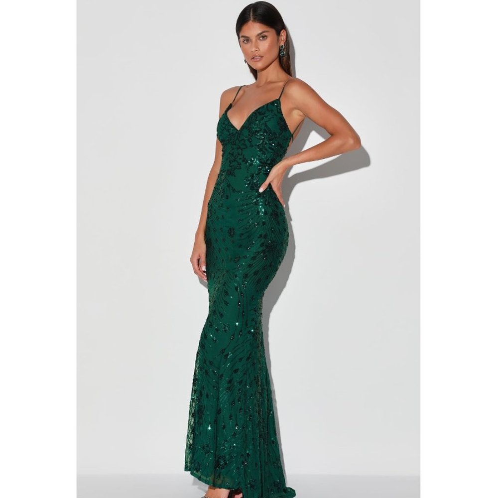 Lulus Photo Finish Forest Green Sequin Lace-Up Maxi Dress